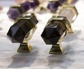 Hexagonal dark coffee quartz cabinet bar handle/gold brass and dark quartz drawer pull/Semi precious stone hardware/crystal door handle