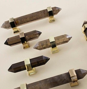 Hexagonal dark coffee quartz cabinet bar handle/gold brass and dark quartz drawer pull/Semi precious stone hardware/crystal door handle