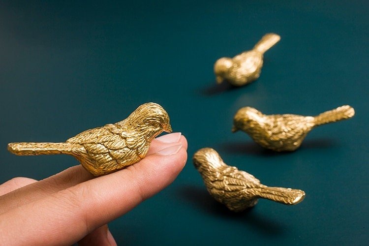 Small detailed gold bird drawer handle/Gold brass sparrow shaped cabinet pull/small chickadee door knob/nursery furniture hardware/gold bird
