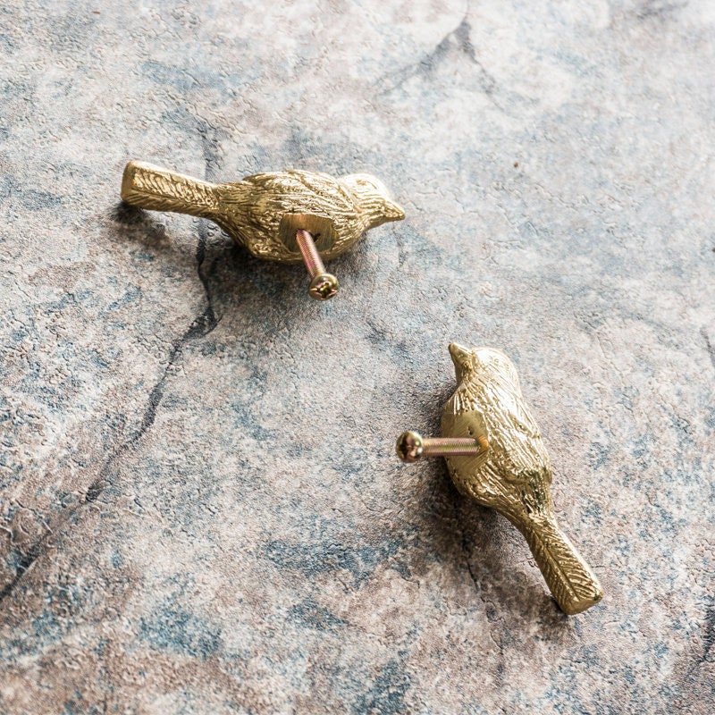 Small detailed gold bird drawer handle/Gold brass sparrow shaped cabinet pull/small chickadee door knob/nursery furniture hardware/gold bird