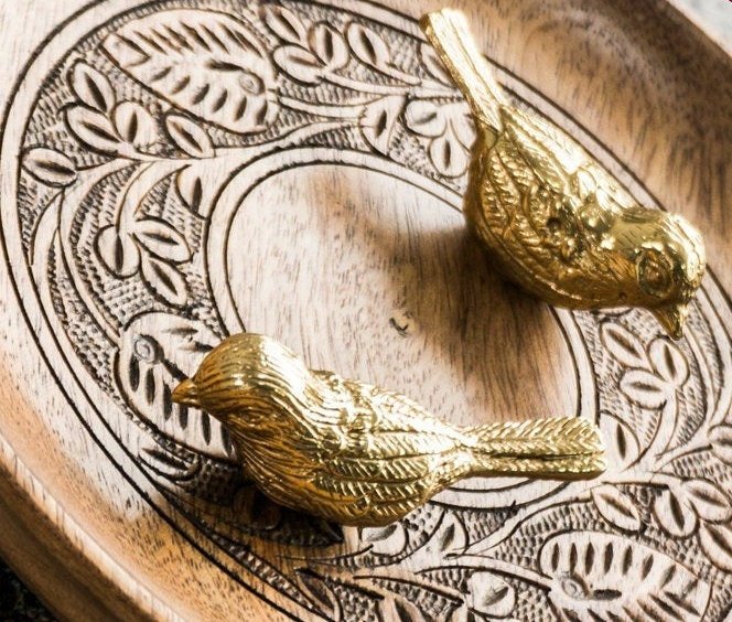 Small detailed gold bird drawer handle/Gold brass sparrow shaped cabinet pull/small chickadee door knob/nursery furniture hardware/gold bird