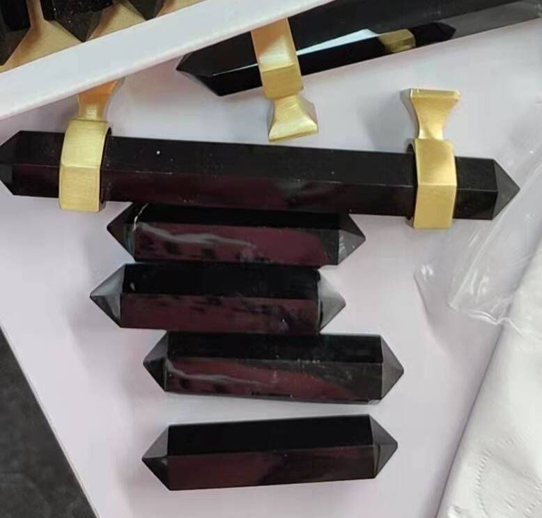 Hexagonal dark coffee quartz cabinet bar handle/gold brass and dark quartz drawer pull/Semi precious stone hardware/crystal door handle