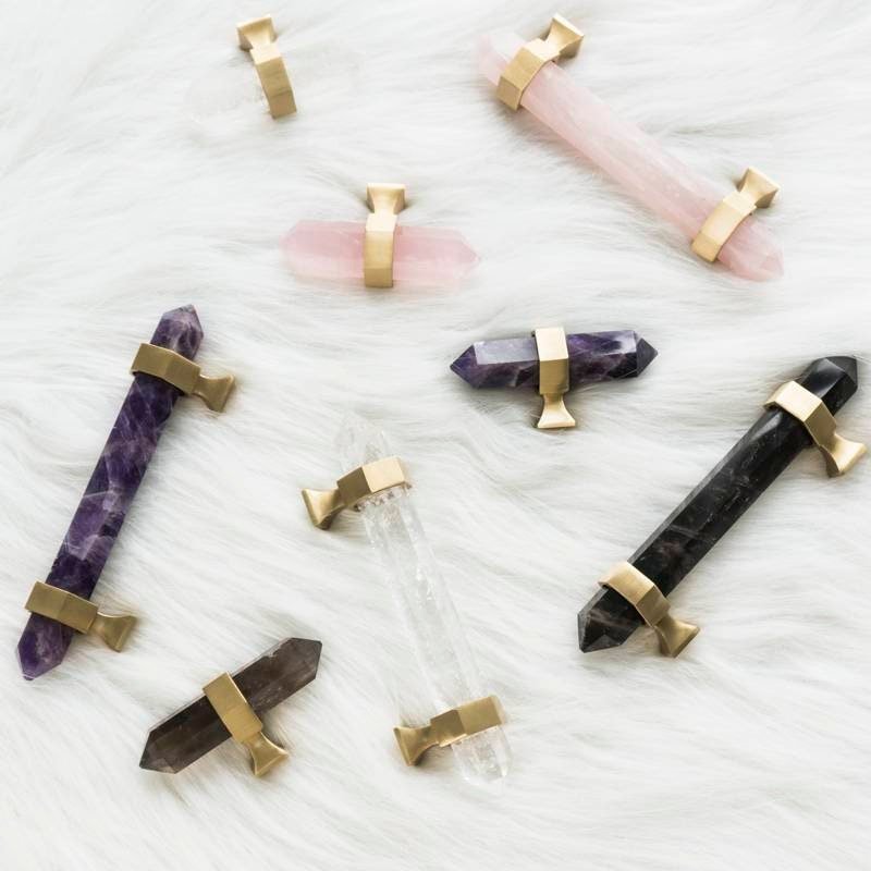 Hexagonal dark coffee quartz cabinet bar handle/gold brass and dark quartz drawer pull/Semi precious stone hardware/crystal door handle