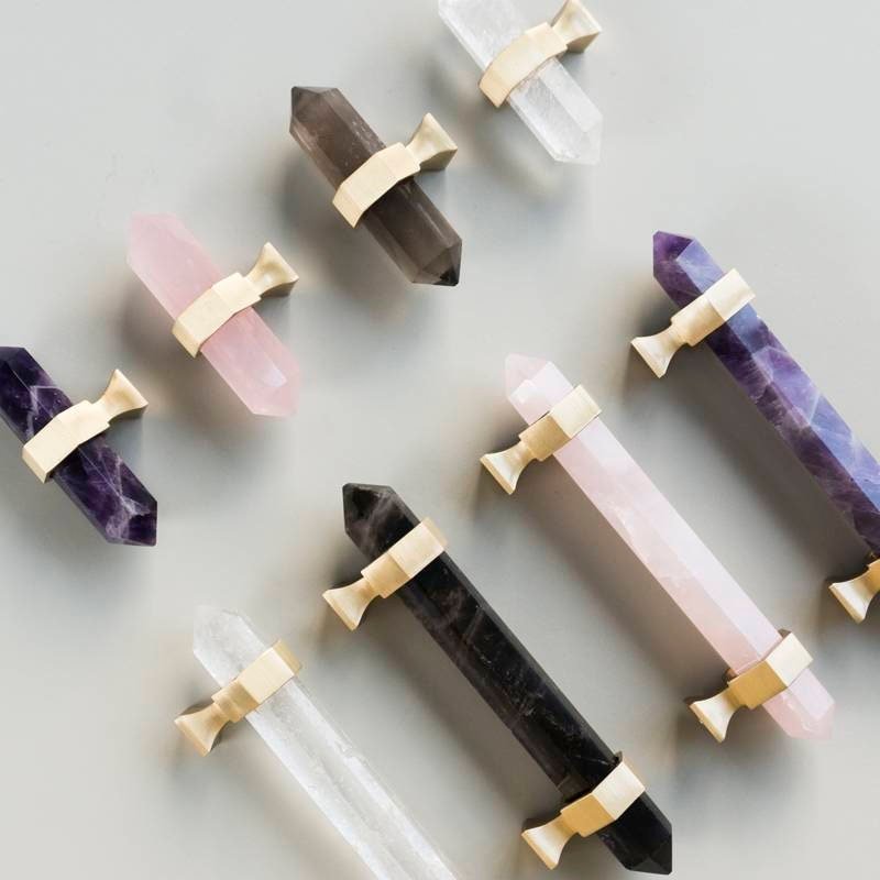 Hexagonal dark coffee quartz cabinet bar handle/gold brass and dark quartz drawer pull/Semi precious stone hardware/crystal door handle