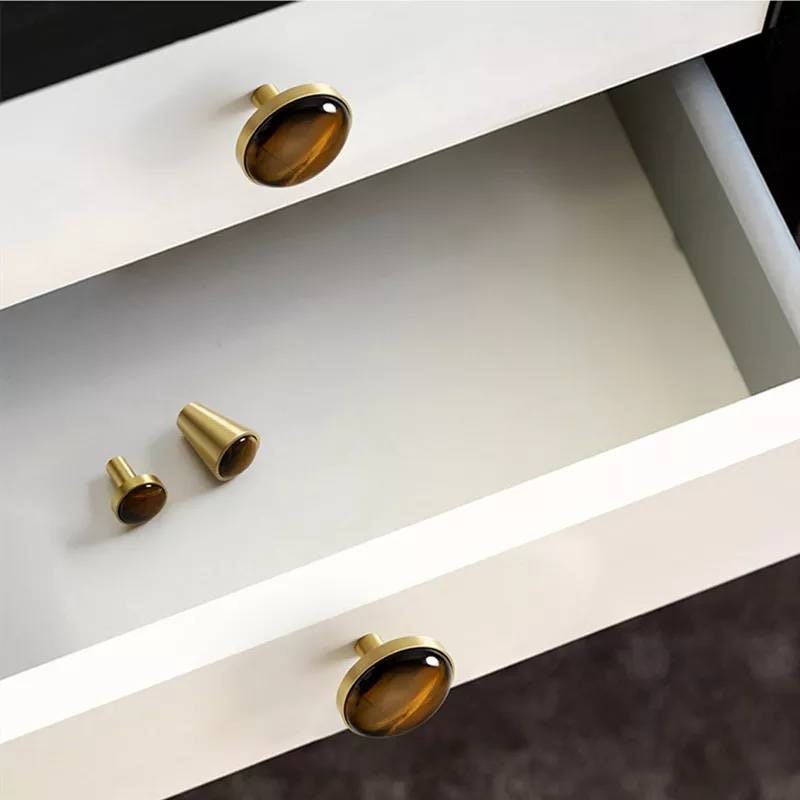 Round polished tiger eye stone and brass drawer pull/Golden brown semi precious stone cabinet handle/Gold gemstone door knob/Stone hardware