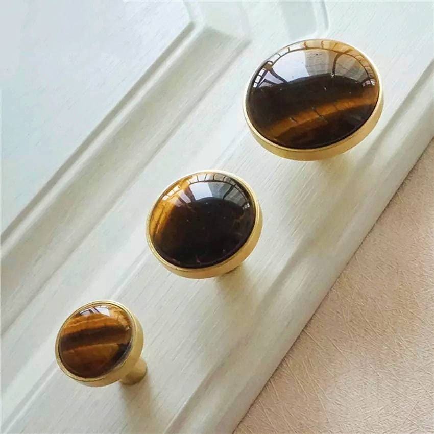Round polished tiger eye stone and brass drawer pull/Golden brown semi precious stone cabinet handle/Gold gemstone door knob/Stone hardware