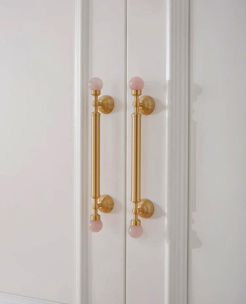 Geometric pink crystal and brass bar handle/Semi precious stone and brass drawer pull/unique cabinet handle/IKEA hack/wardrobe door handle