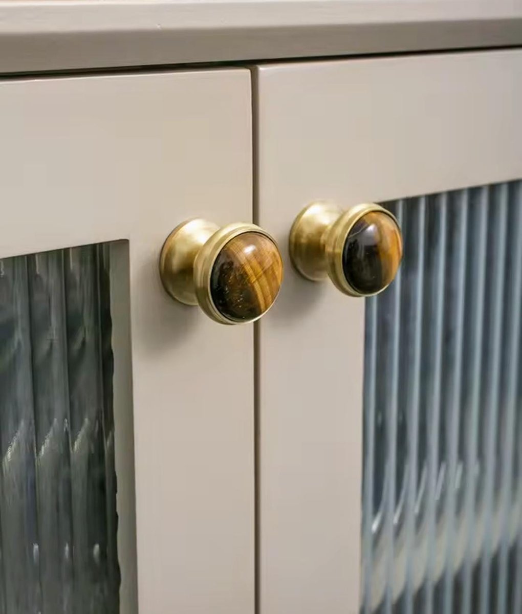 Tiger eye stone or white turquoise and brass drawer pull/Golden semi precious stone cabinet handle/Gold gemstone door knob/Luxury hardware