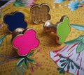 Brightly coloured leather and gold clover shaped cabinet pull/Neon pink or green clover shaped drawer knob/Gold metal leather door handle