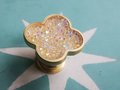 Glittery rainbow aura quartz crystal and gold clover shaped cabinet pull/Gemstone door handle/Clover shaped drawer handle/crystal hardware