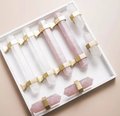 Hexagonal rose quartz crystal cabinet bar handle/Pink semi precious stone and brass drawer pull/Luxury furniture hardware/gemstone handle