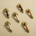 Neutral colour leather and shiny gold drop handle/Brass brown, tan and cream leather drop cabinet pull/Gold drop handle wrapped in leather