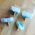 Dyed quartz crystal geode and brass cabinet handle/gemstone drawer handle/crystal door handle/raw semi precious stone door knob/rough quartz