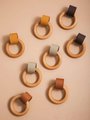 Leather and wooden ring drawer knob/Retro style leather and wood drawer handle/Leather and Wood cabinet pull/Mid century modern drawer pull
