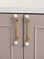 Bronze bar handle resting on white marbl ball/Bronze and marble stone cabinet handle/Semi precious stone and aged brass furniture hardware