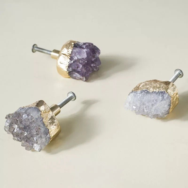 Natural Irregular shaped purple Amethyst drawer handle/Rough cut quartz crystal and gold brass cabinet pull/Gemstone door knob/geode handle