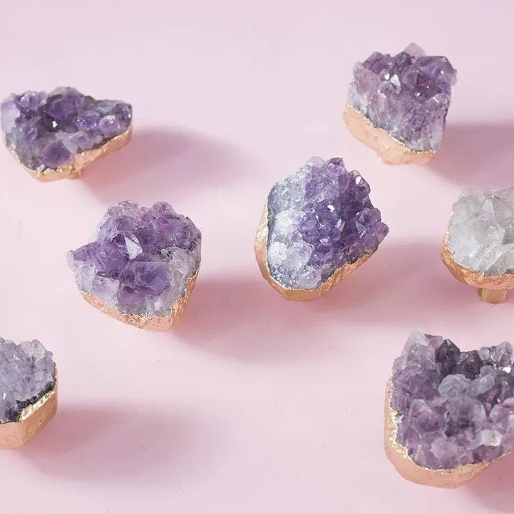 Natural Irregular shaped purple Amethyst drawer handle/Rough cut quartz crystal and gold brass cabinet pull/Gemstone door knob/geode handle