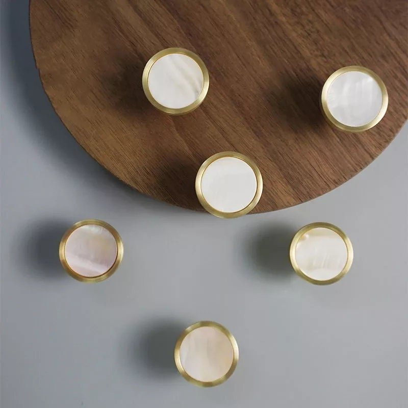 Gold rim white mother of pearl drawer pull/shell cabinet handle/white pearl drawer knob/round white pearl door handle/brass and pearl handle