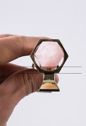 Hexagonal rose quartz crystal cabinet bar handle/Pink semi precious stone and brass drawer pull/Luxury furniture hardware/gemstone handle