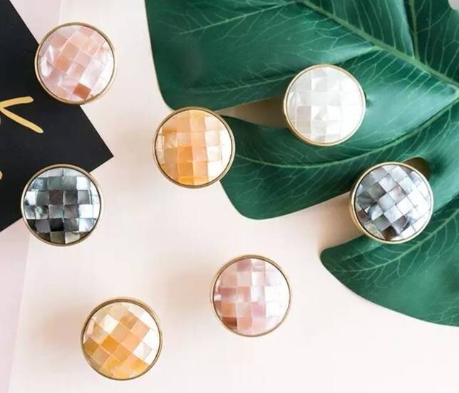 Checked yellow mother of pearl drawer pull/Gold pearl cabinet handle/pearl furniture hardware/golden shell cabinet pull/gold pearl knob