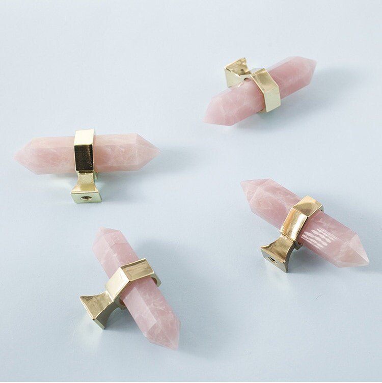 Hexagonal rose quartz crystal cabinet bar handle/Pink semi precious stone and brass drawer pull/Luxury furniture hardware/gemstone handle