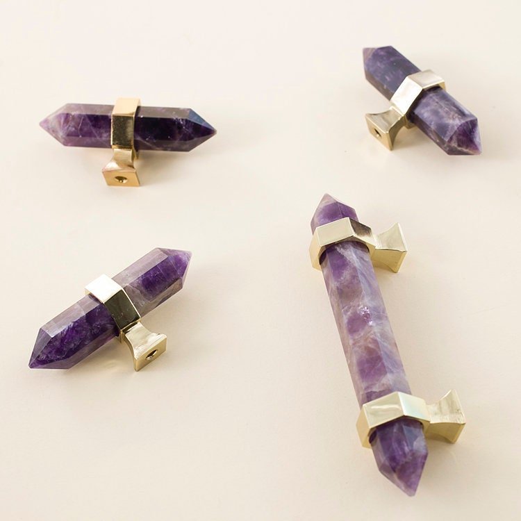 Luxury hexagonal purple amethyst crystal bar handle with gold brass fixings/Purple gemstone drawer pull/stone hardware/Amethyst door handle