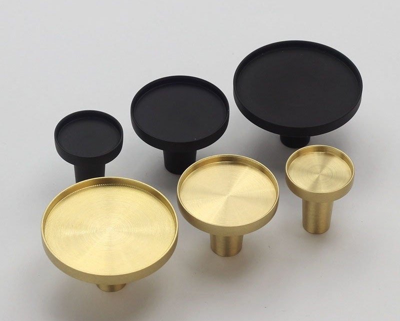 Round craft supply drawer handle for customising in brass or matte black/Black or gold cabinet knobs designed for adding individual inserts