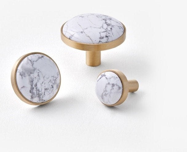 Round Smooth Polished white turquoise cabochon with brass surround Drawer pull Cabinet handle Knob door handles furniture hardware upcycling