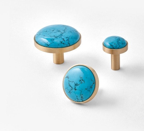 Round blue turquoise stone and brass drawer pull/blue cabinet handle/turquoise door knob/kitchen furniture hardware/stone door handle