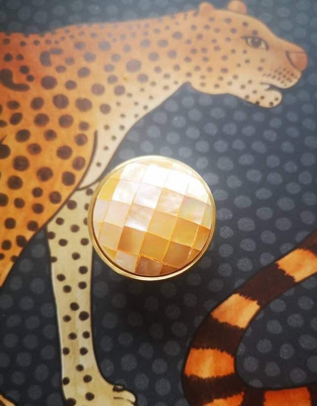 Checked yellow mother of pearl drawer pull/Gold pearl cabinet handle/pearl furniture hardware/golden shell cabinet pull/gold pearl knob