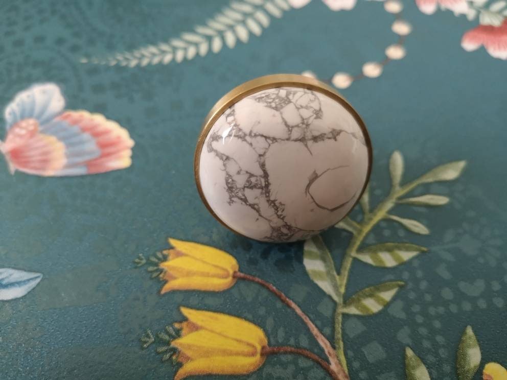 Round Smooth Polished white turquoise cabochon with brass surround Drawer pull Cabinet handle Knob door handles furniture hardware upcycling