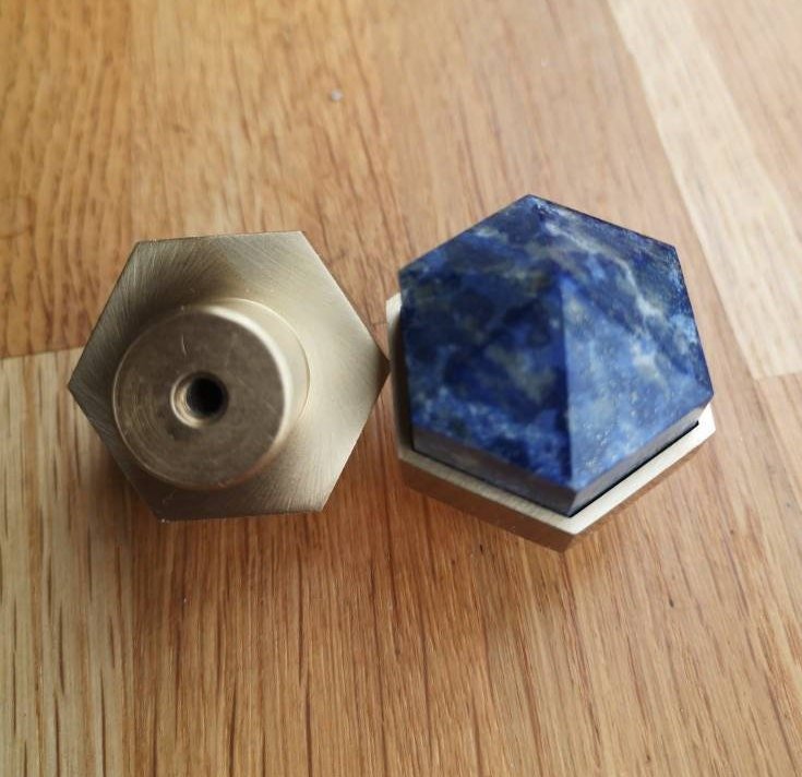 Blue Lapis Lazuli and brass hexagonal drawer pull/Geometric semi precious stone cabinet handle/Gemstone door knob/stone furniture hardware