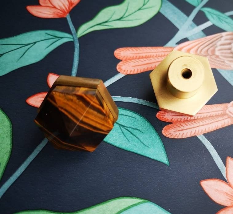 Golden Brown Tiger Eye hexagonal cabinet handle/Semi precious stone and brass pyramid drawer pull/Geometric brown stone door knob
