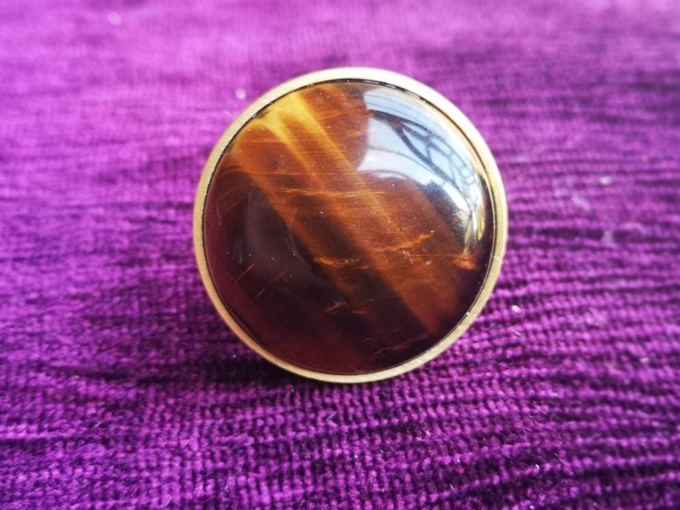Round polished tiger eye stone and brass drawer pull/Golden brown semi precious stone cabinet handle/Gold gemstone door knob/Stone hardware