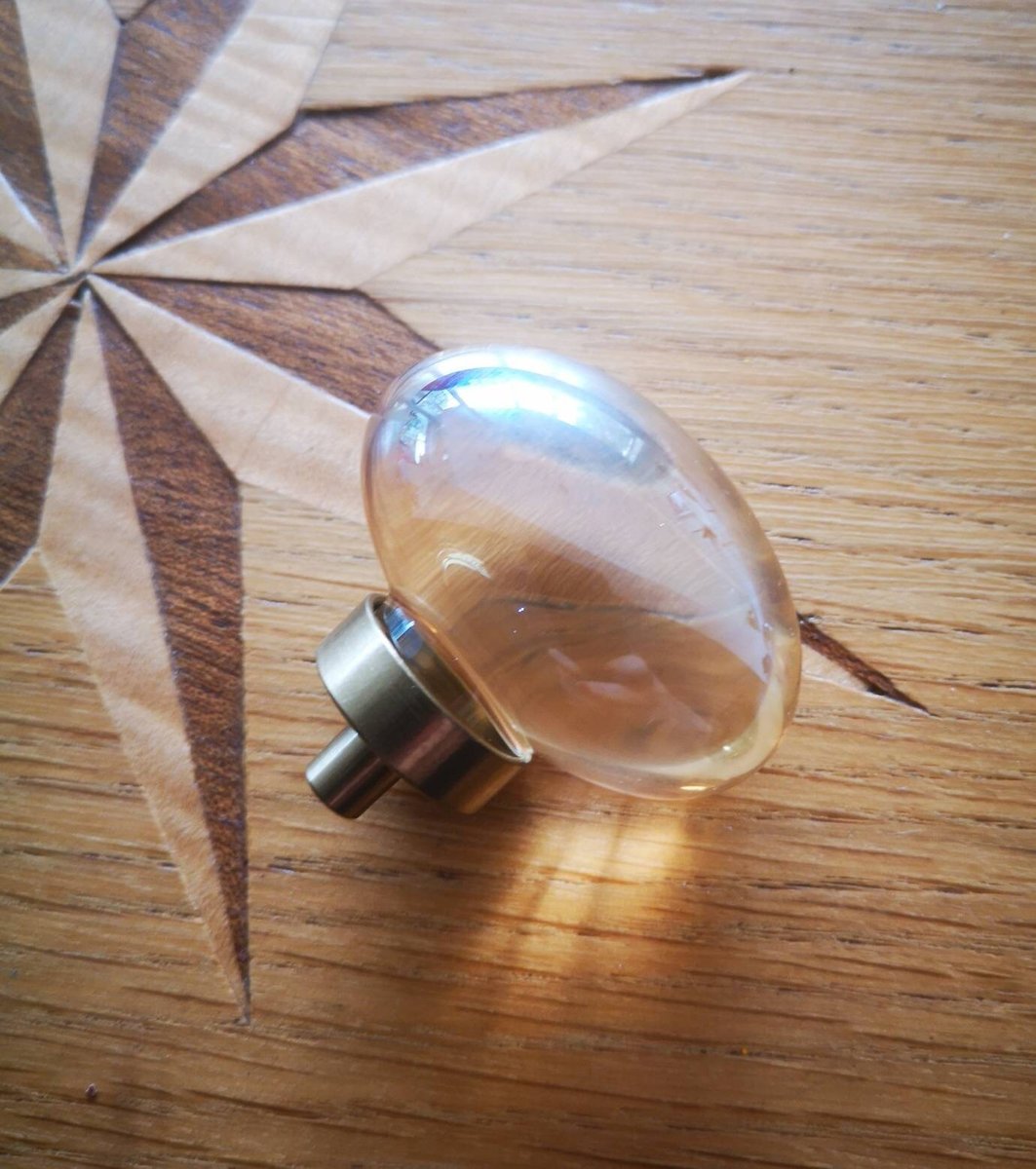 Polished oval crystal and brass cabinet pull/Retro gold glazed egg crystal drawer knob/mid century style smooth polished crystal door handle
