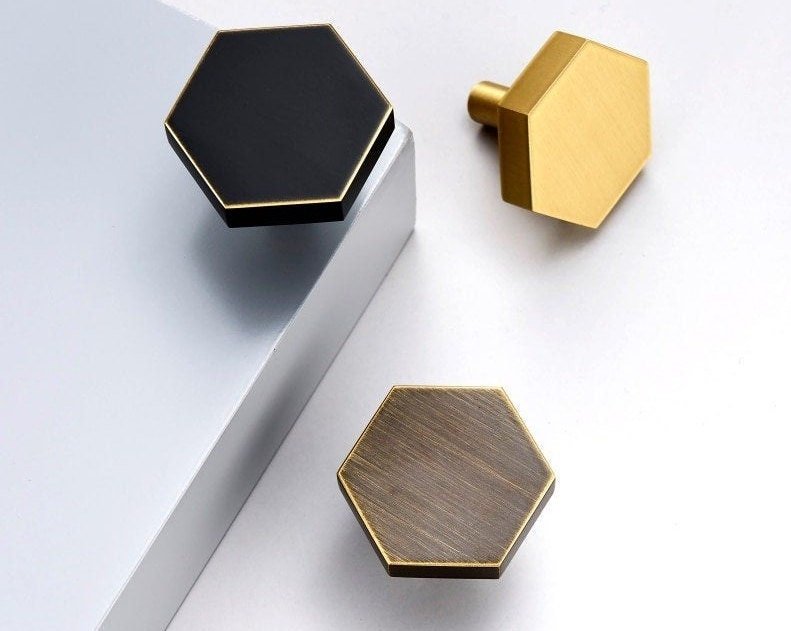 Gold, Black or Bronze Hexagonal drawer handle/Brass geometric cabinet handle/hexagon shaped drawer knob/brass furniture hardware/IKEA hack