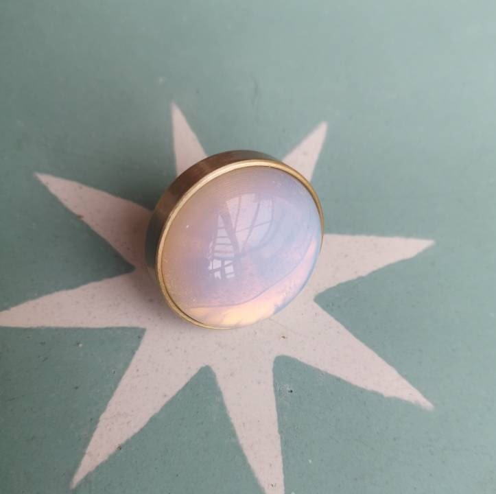 Round moonstone and gold brass drawer pull/opalite cabinet handle/gemstone drawer knob/Semi precious stone hardware/moon stone door handle
