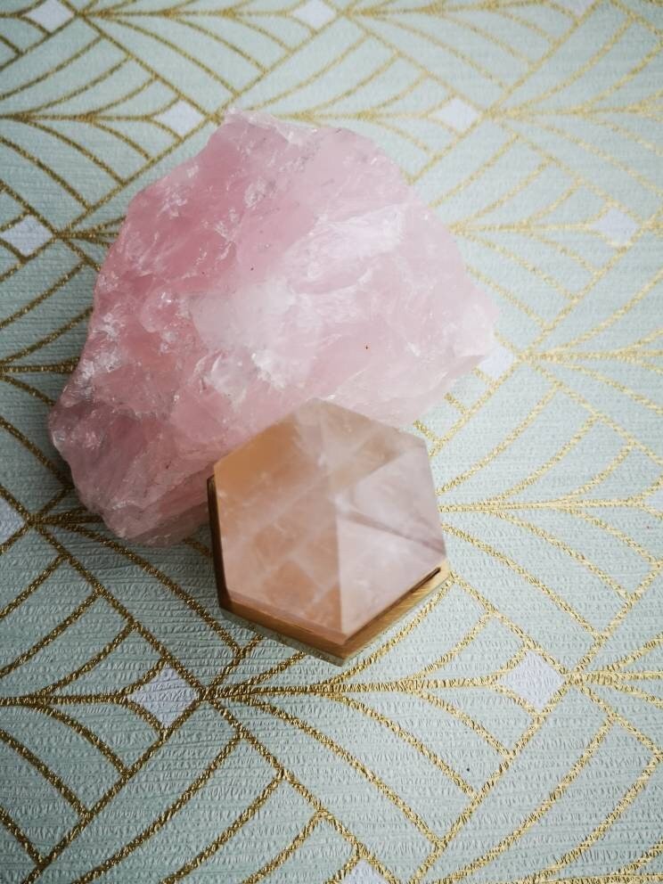 Pink rose quartz crystal hexagonal drawer pull/Pink semi precious stone and brass cabinet handle/Pink gemstone door knob/furniture hardware