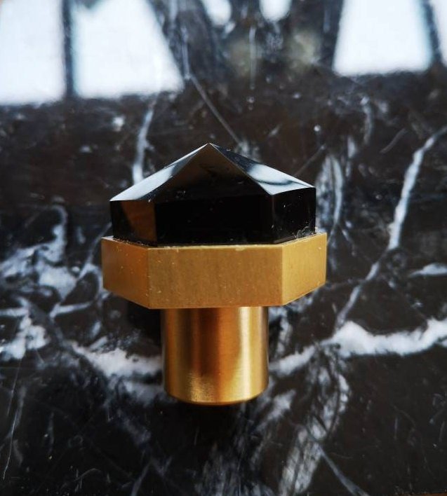 Black shiny Obsidian hexagonal drawer knob/Semi precious stone and brass hexagonal cabinet pull/Black stone cabinet handle/Gemstone handle
