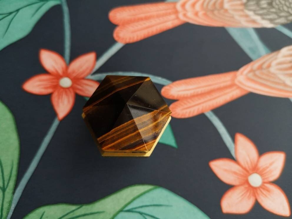 Golden Brown Tiger Eye hexagonal cabinet handle/Semi precious stone and brass pyramid drawer pull/Geometric brown stone door knob