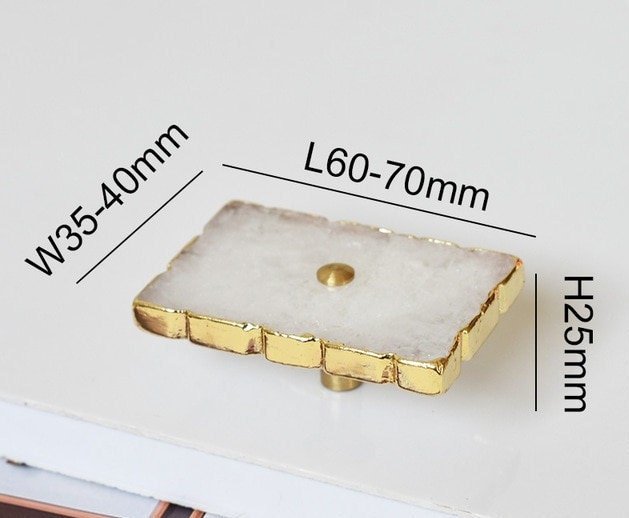 Large white or pink rose quartz rectangle drawer pull with gold edges/Pink gemstone slice cabinet handle/Square crystal slice door handle
