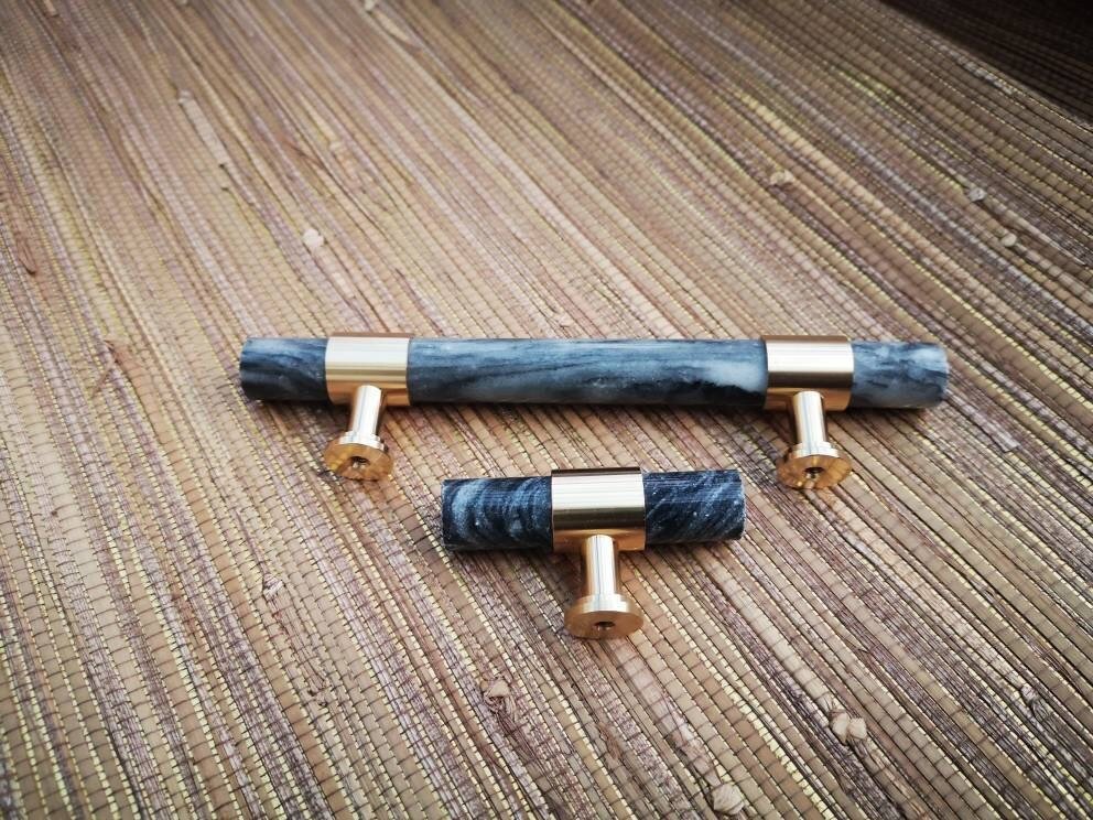 Smoke grey marble and brass bar handle/gray marble drawer pull/stone furniture hardware/marble and brass cabinet pull/Marble door handle