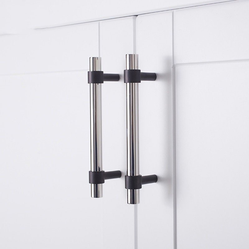 Matte Black and shiny silver stainless steel cabinet bar handle/Silver and black drawer pull/Silver furniture hardware/Monochrome hardware