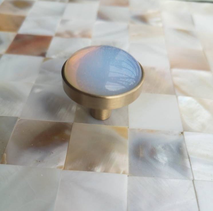 Round moonstone and gold brass drawer pull/opalite cabinet handle/gemstone drawer knob/Semi precious stone hardware/moon stone door handle