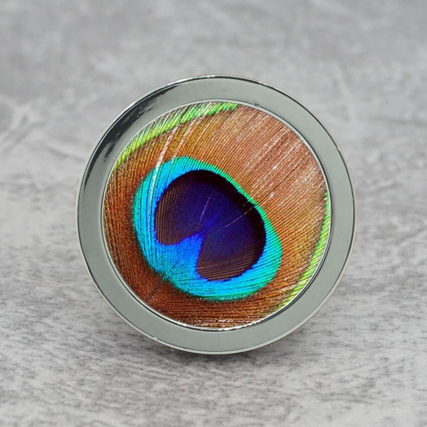 Peacock Eye glass cabochon and silver drawer pull cabinet handle door knob furniture hardware feather