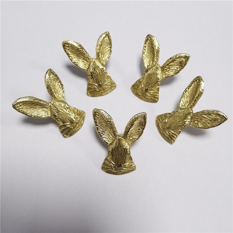 Gold brass Rabbit face cabinet pull/Gold bunny drawer handle/Nursery door knob/Woodland animal hardware/Rabbit door handle/Bunny door handle