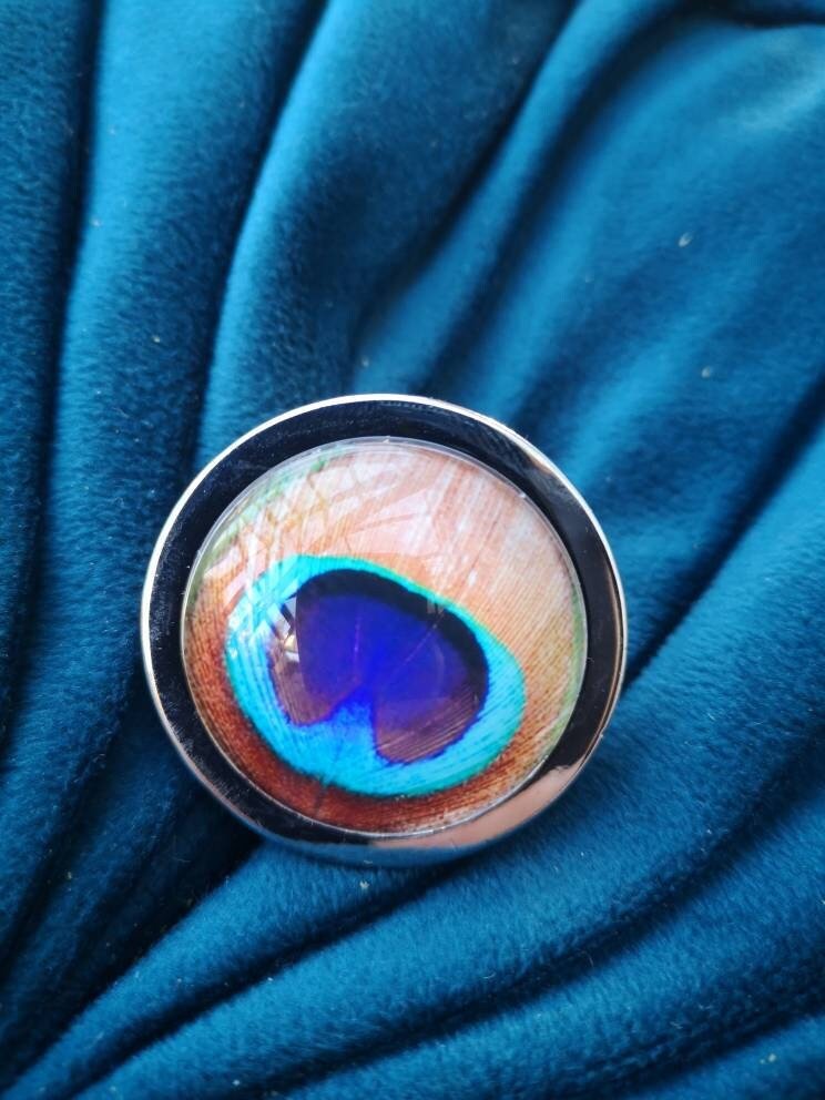 Peacock Eye glass cabochon and silver drawer pull cabinet handle door knob furniture hardware feather