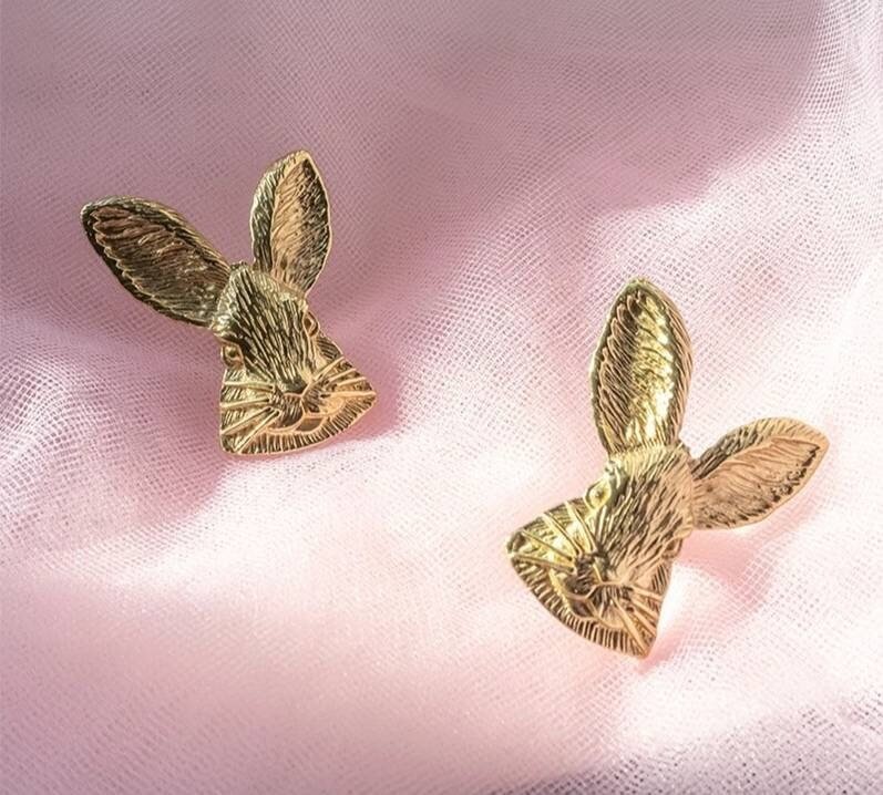 Gold brass Rabbit face cabinet pull/Gold bunny drawer handle/Nursery door knob/Woodland animal hardware/Rabbit door handle/Bunny door handle