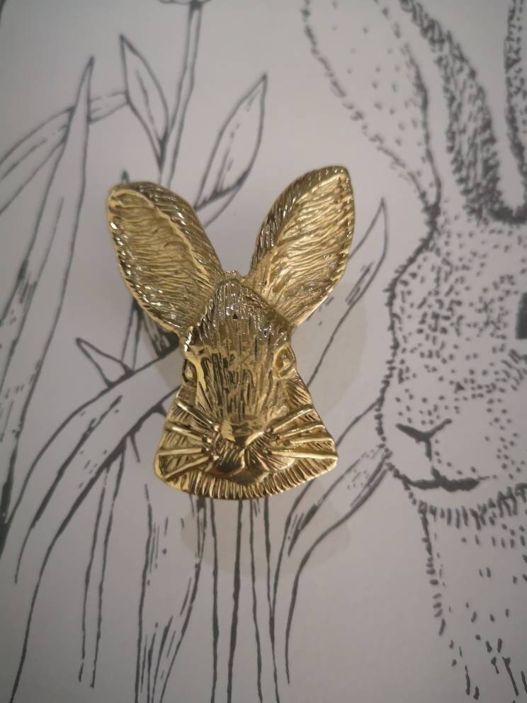 Gold brass Rabbit face cabinet pull/Gold bunny drawer handle/Nursery door knob/Woodland animal hardware/Rabbit door handle/Bunny door handle