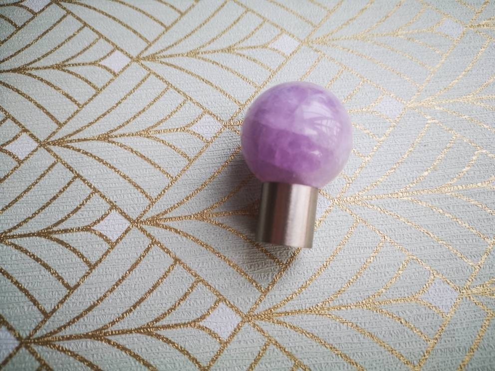 Purple Amethyst ball and silver drawer pull/Polished purple gemstone cabinet handle/Amethyst crystal and silver door knob/crystal hardware